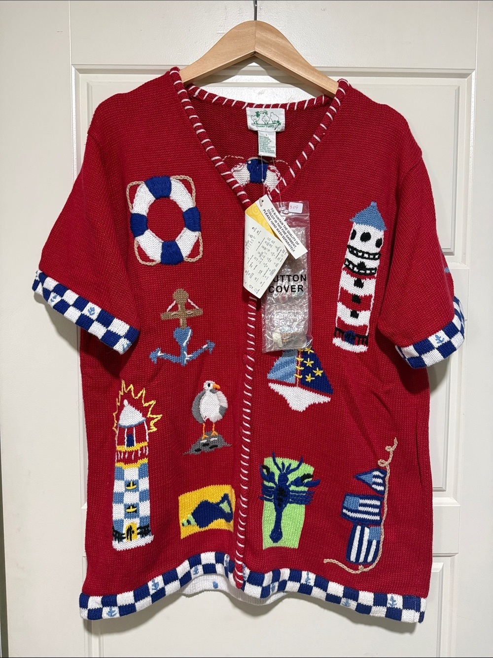 Quacker Factory Red Nautical Embroidered Short-Sleeve Cardigan
